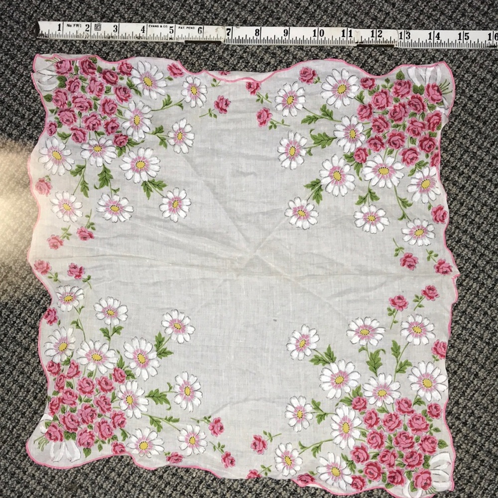 Vintage-Inspired Floral Cotton Handkerchief - White with Pink Roses & Daisies
